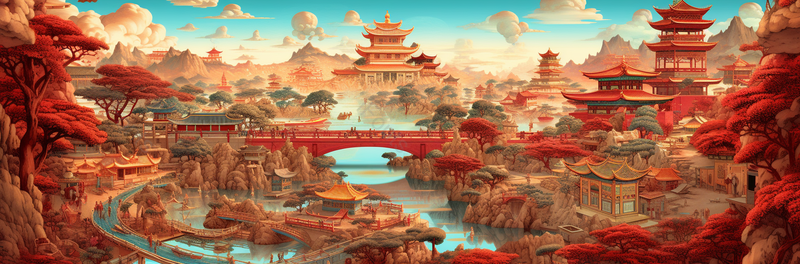 红色渐变大气国潮风插画故宫古风建筑假山园林小桥流水,插画/手绘图,插画/手绘图库,插画/手绘图下载,插画/手绘